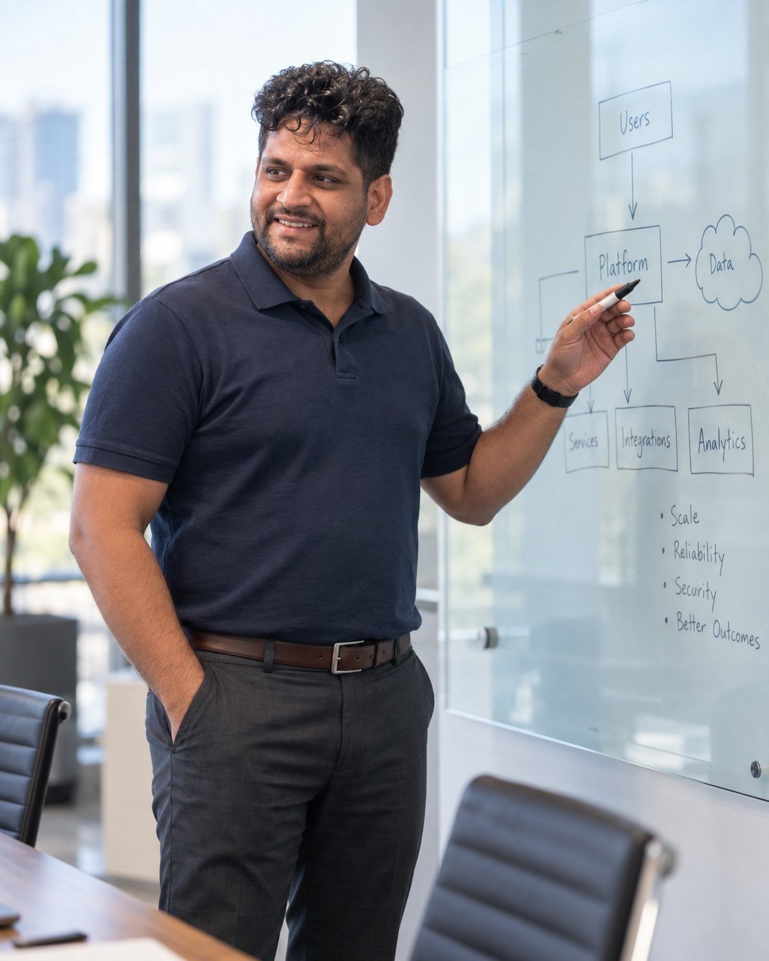 Varun Mahajan working at a platform architecture whiteboard